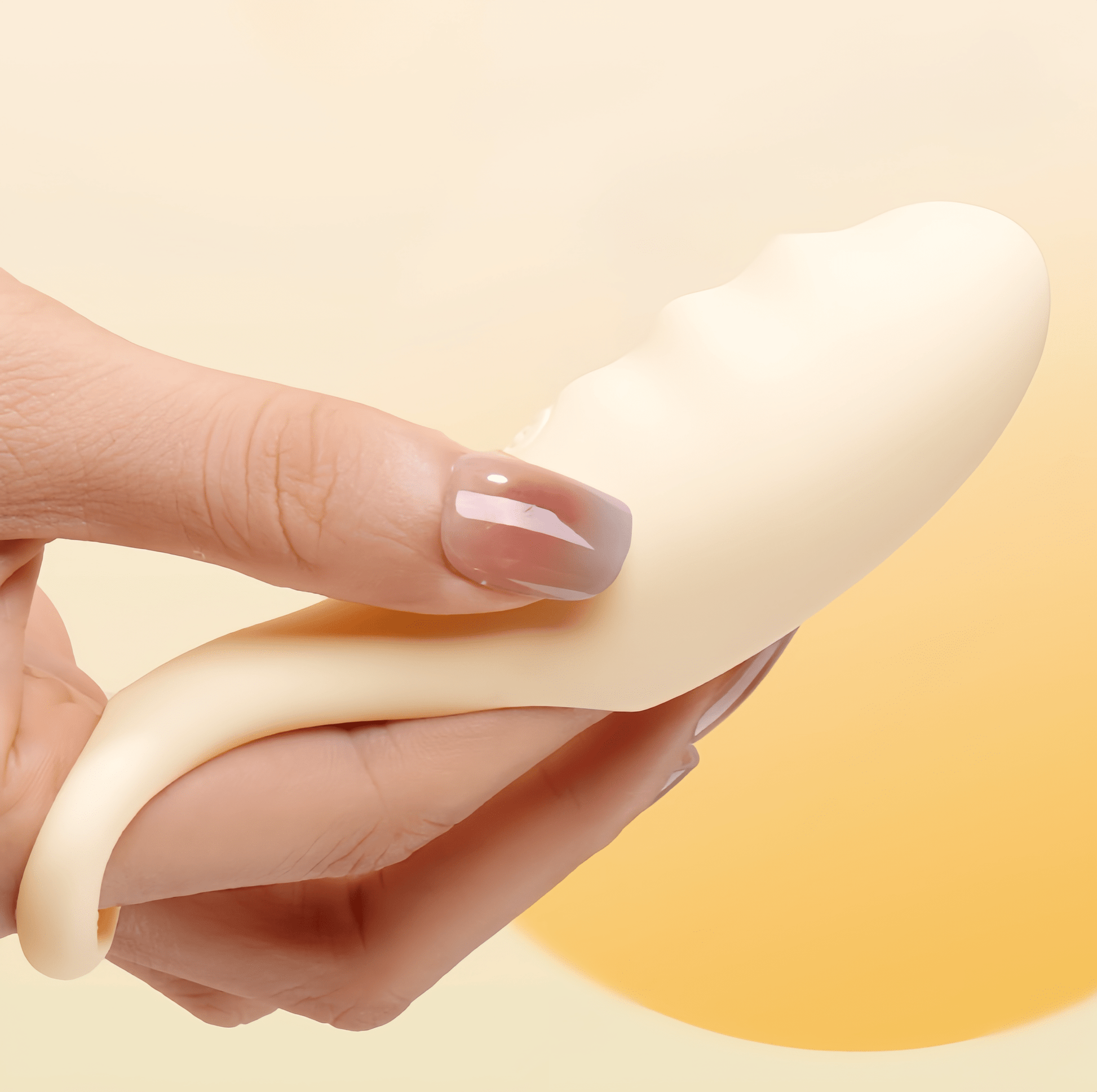 Actual photo of the vibrator worn on the finger: The product fits perfectly on the finger, showcasing its integrated, natural control design, addressing the hygiene concerns of long nails.