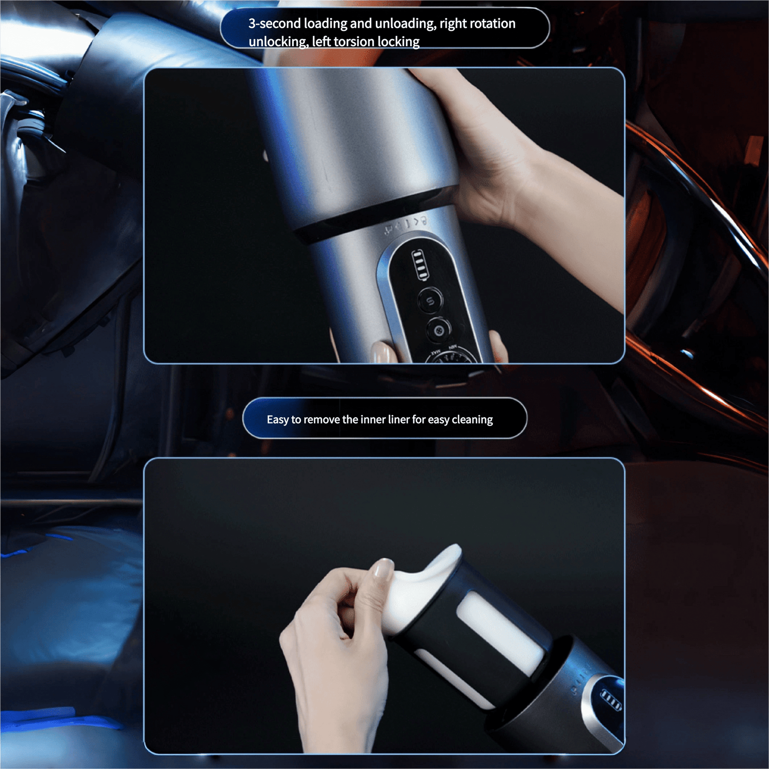 3-second quick-release liner: twist right to unlock and left to lock for easy removal and cleaning in 30 seconds.