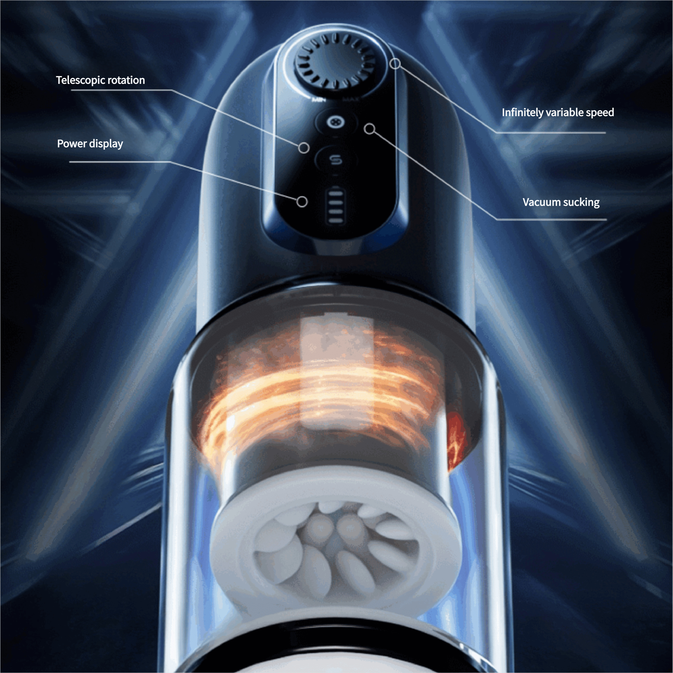 One-button intelligent control interface: long/short press to switch modes, knob for real-time speed adjustment, and auto-off support.