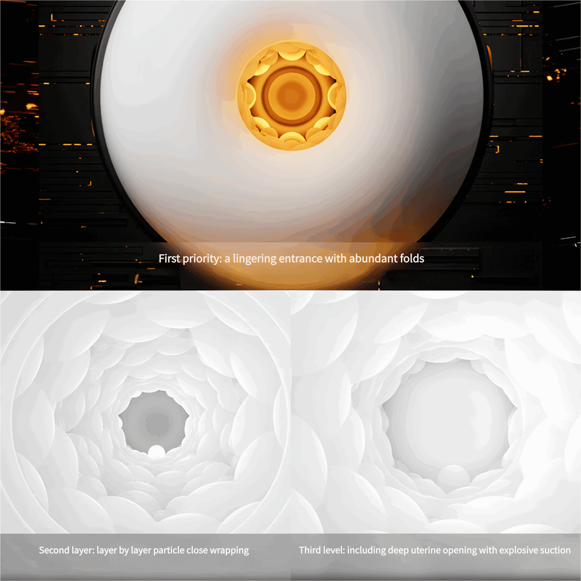 Cross-section of the three-layer 3D pleasure channel: stimulating wrinkles at the entrance, granular wrapping in the middle, and suction at the base, precisely fitting male genitalia