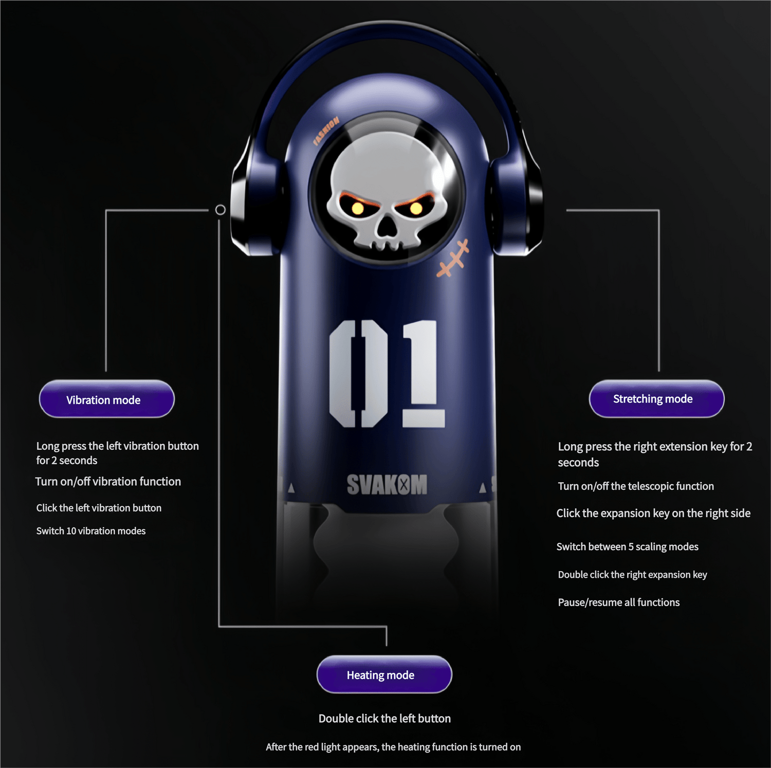 Dual-button independent control interface: Single-touch toggles between telescopic, vibrating, and heating modes; long-press to power on and off.