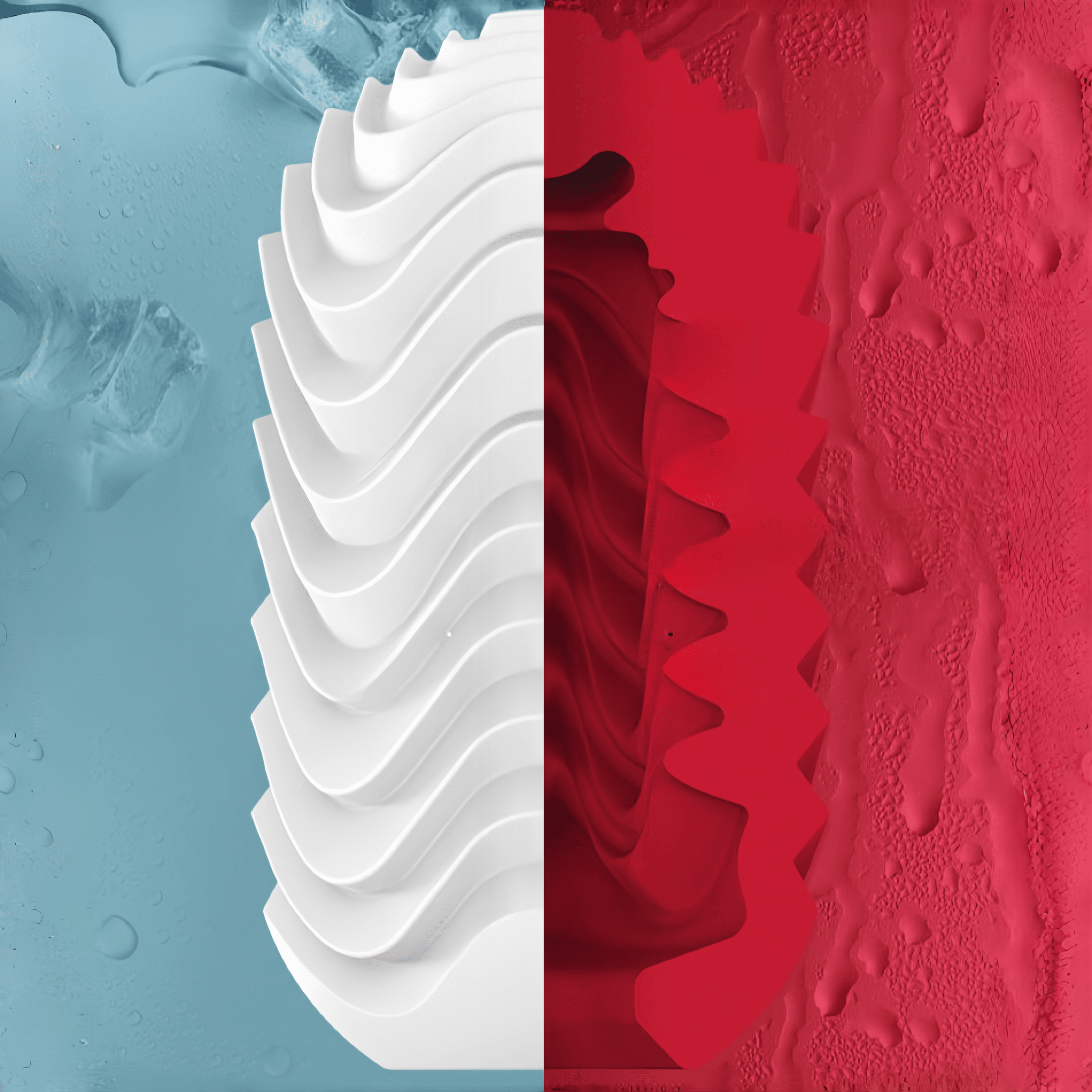 A panoramic view of the dual-sided design of a single product, clearly contrasting the different textures of side A (powerful and refreshing) and side B (soft and tender)