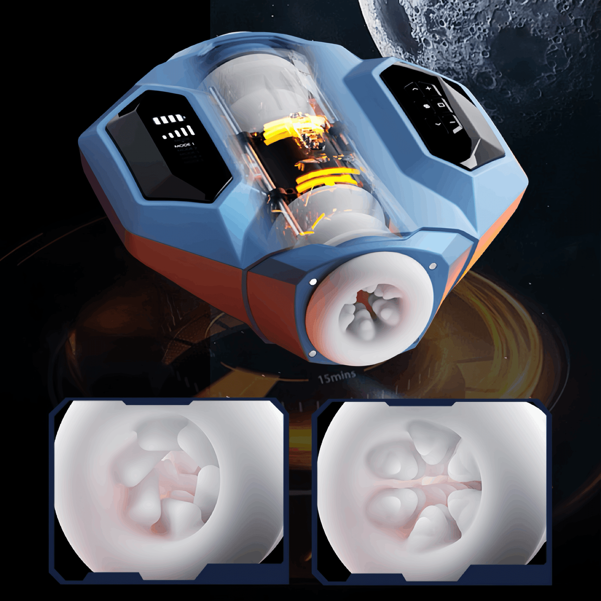 Close-up of the 180-degree rotating dual entrance design. The left side features a spiral pattern for the girly model, while the right side features a large particle structure for the mature model.