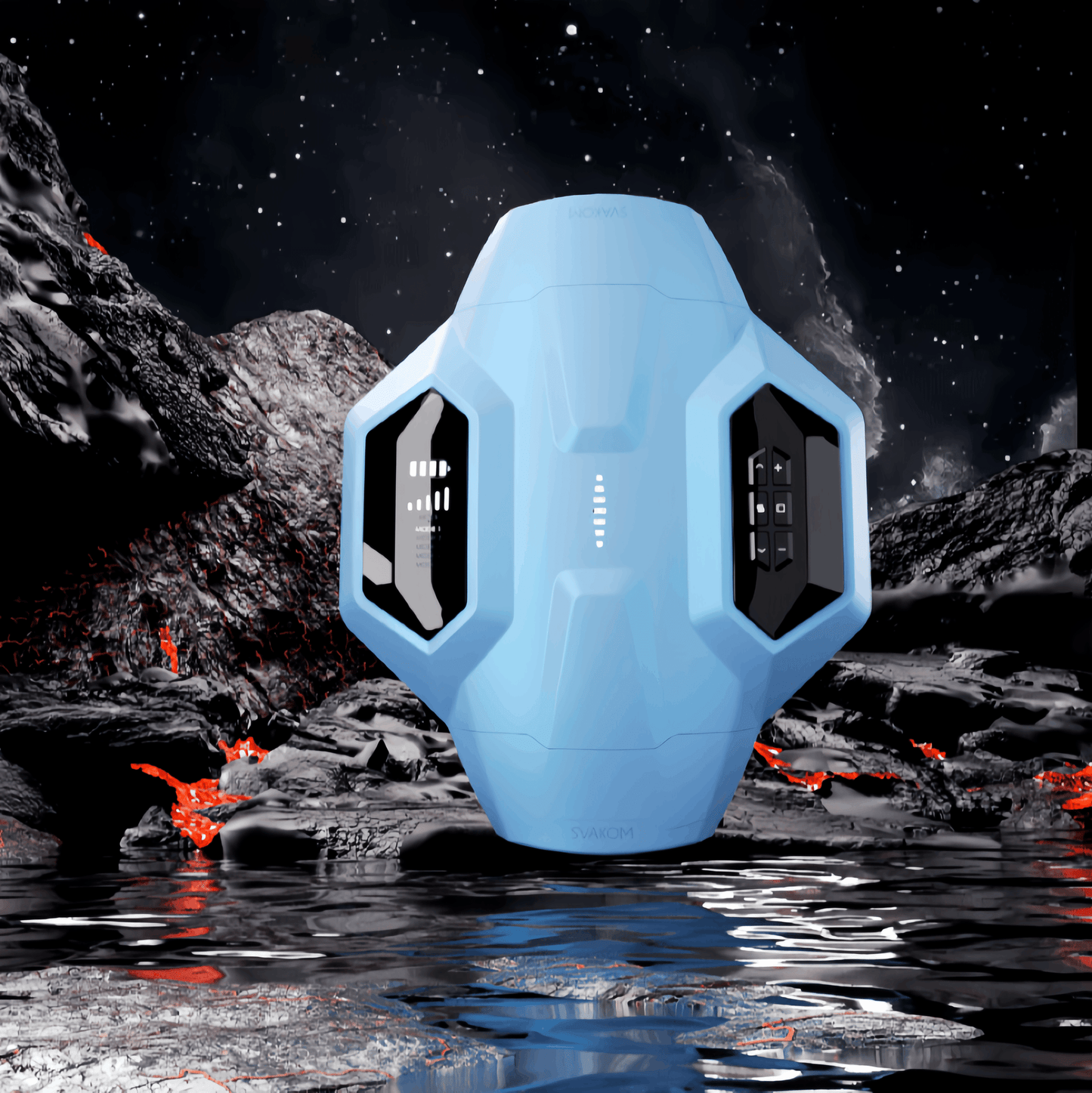 The main product image of the SVAKOM Hunter X Galaxy Battleship masturbator features a streamlined body and a technological design.