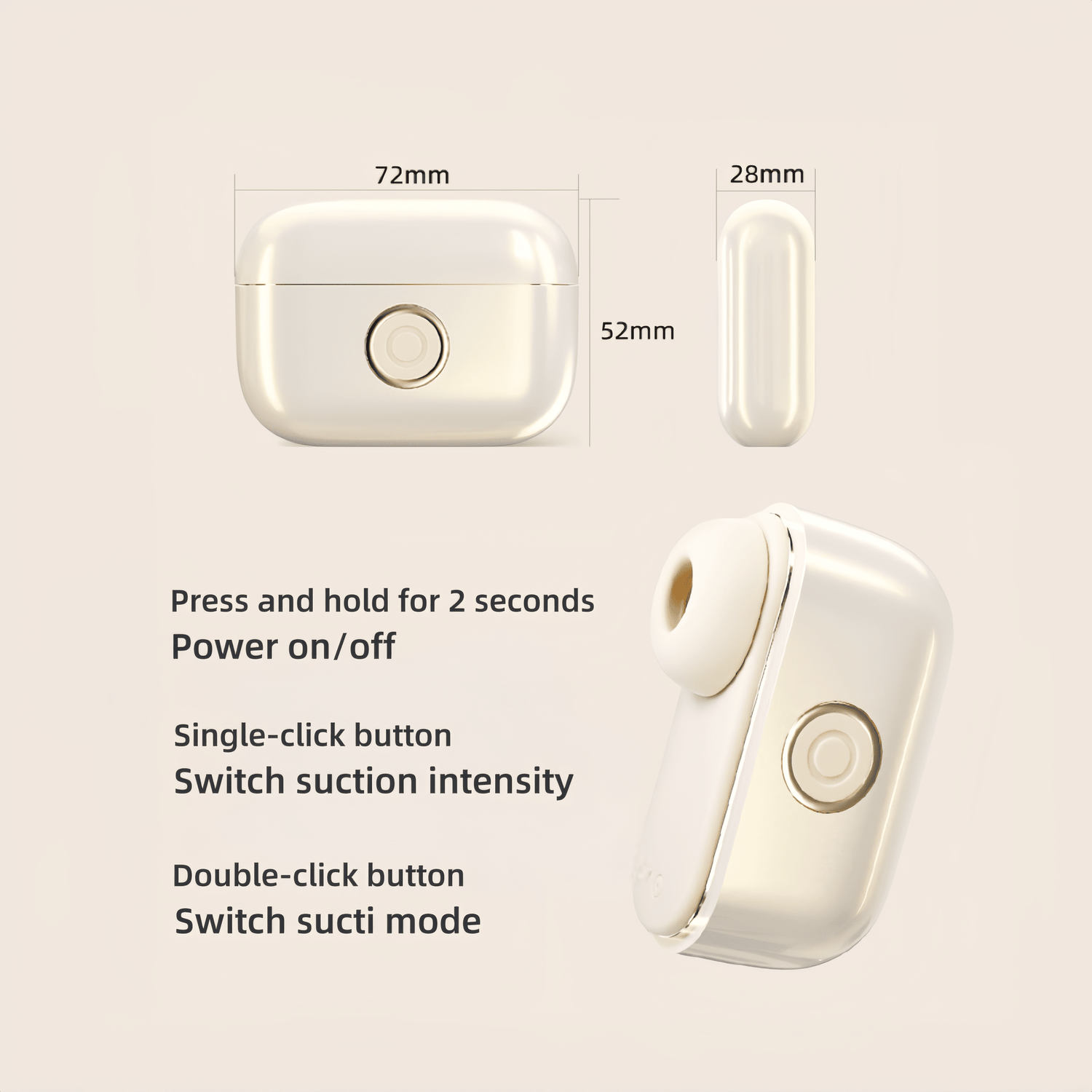 The SVAKOM Momo Box sucking device features a pearlescent gold exterior, a compact size of 72*52*28mm, and a weight of 97.6g. Its shimmering finish resembles a pair of TWS earbuds, creating a stylish and discreet design.