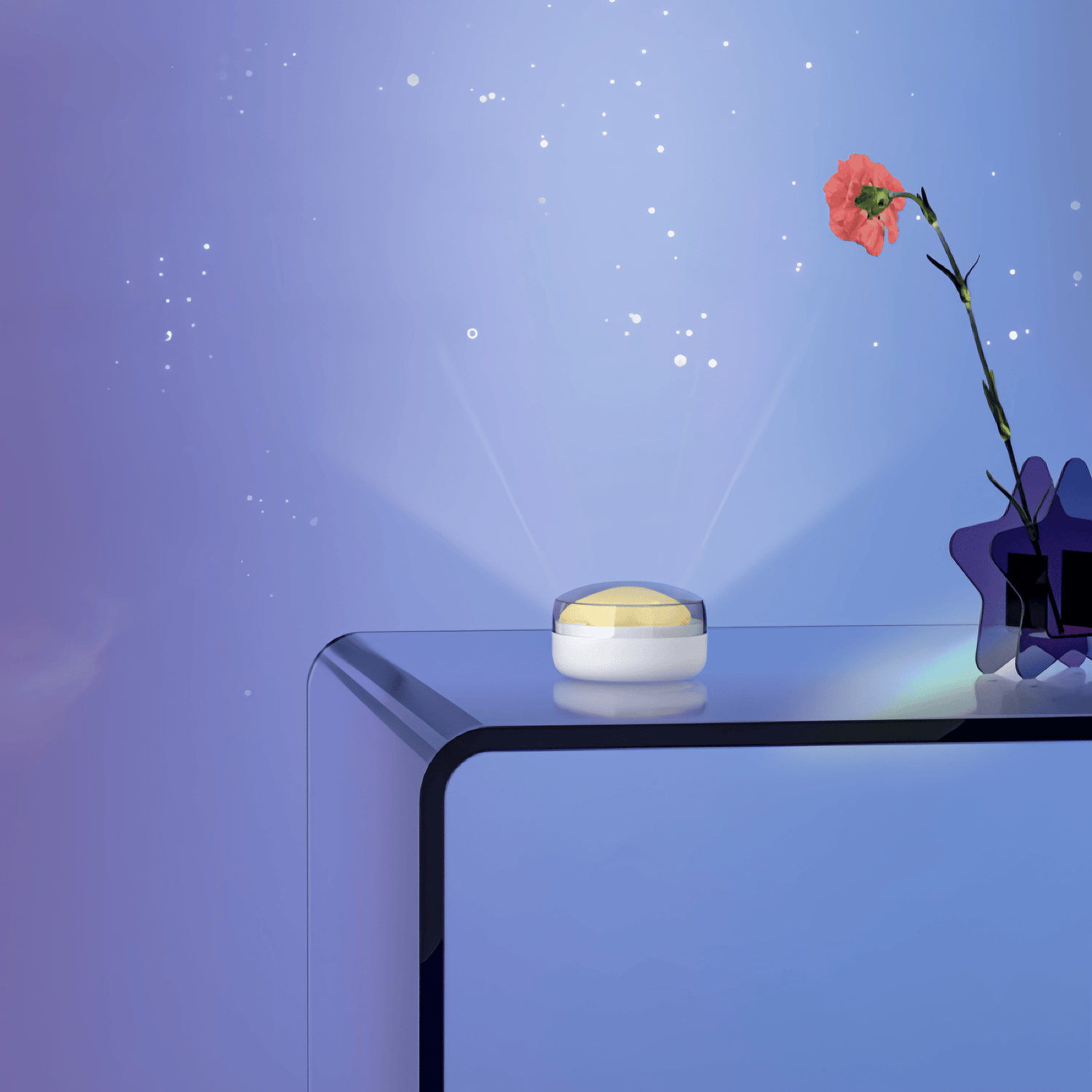 The product is placed in a cozy bedroom setting, with starlight projection creating an immersive and romantic atmosphere.