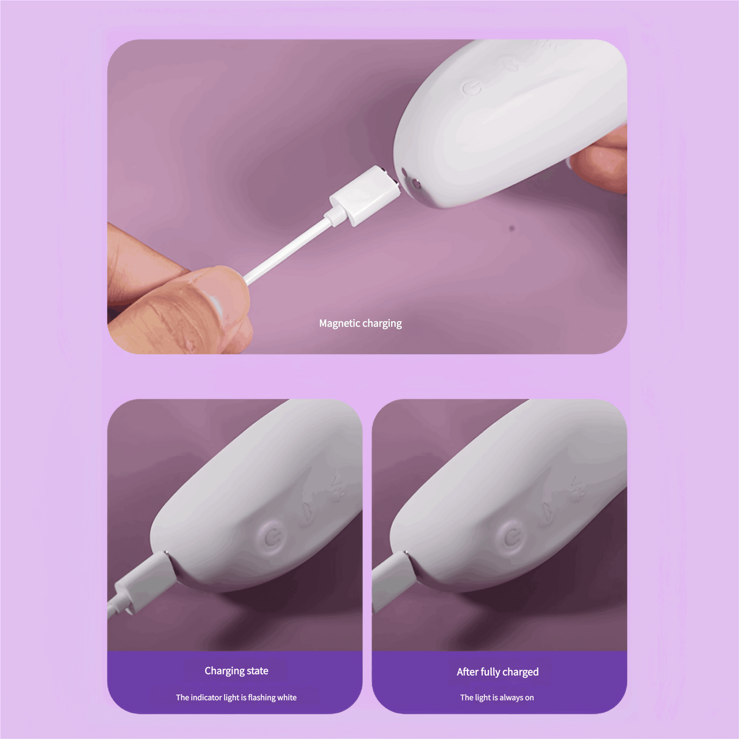 Magnetic charging close-up: Automatic attachment design, fast charging in ≤2 hours, 500mAh battery provides 1-2 hours of battery life.