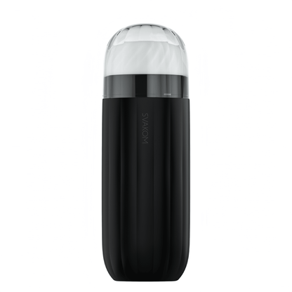 The main product image of the SVAKOM vacuum vibrating masturbator shows its ergonomically streamlined design and skin-friendly materials.