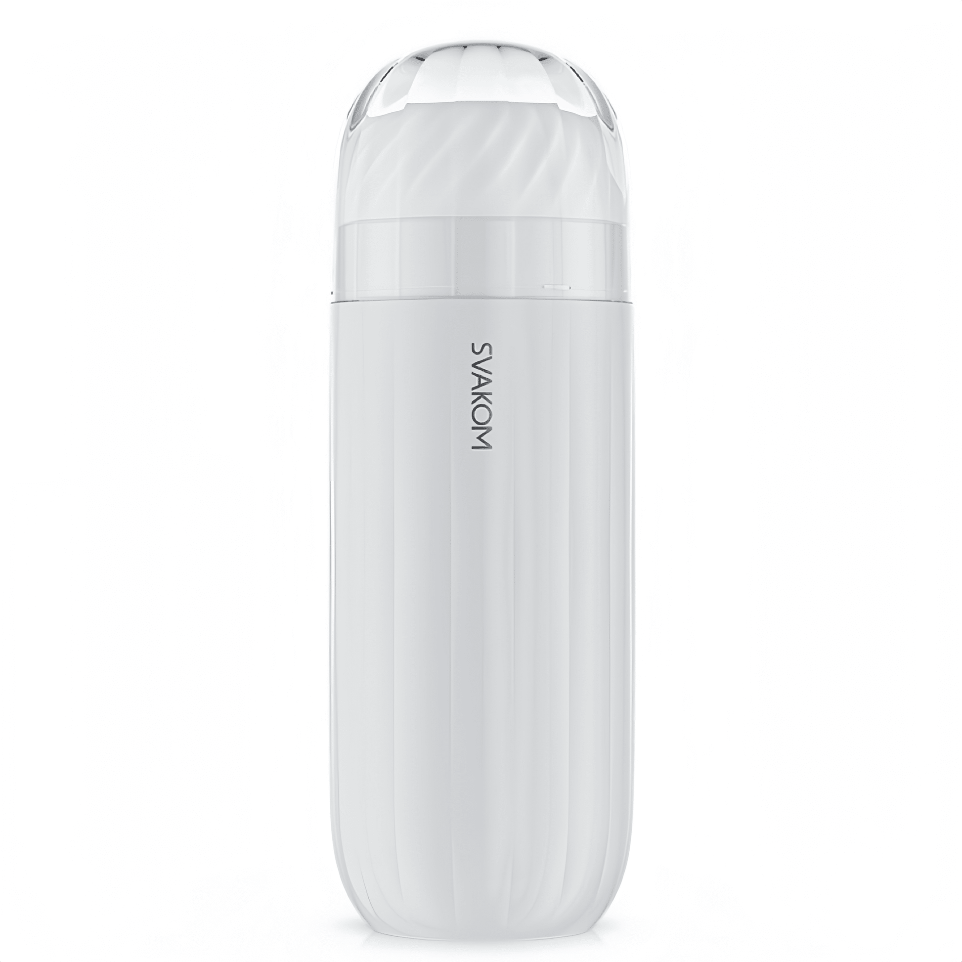The main product image of the SVAKOM vacuum vibrating masturbator shows its ergonomically streamlined design and skin-friendly materials.
