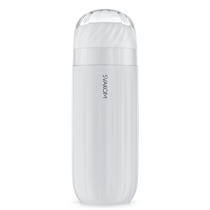 The main product image of the SVAKOM vacuum vibrating masturbator shows its ergonomically streamlined design and skin-friendly materials.