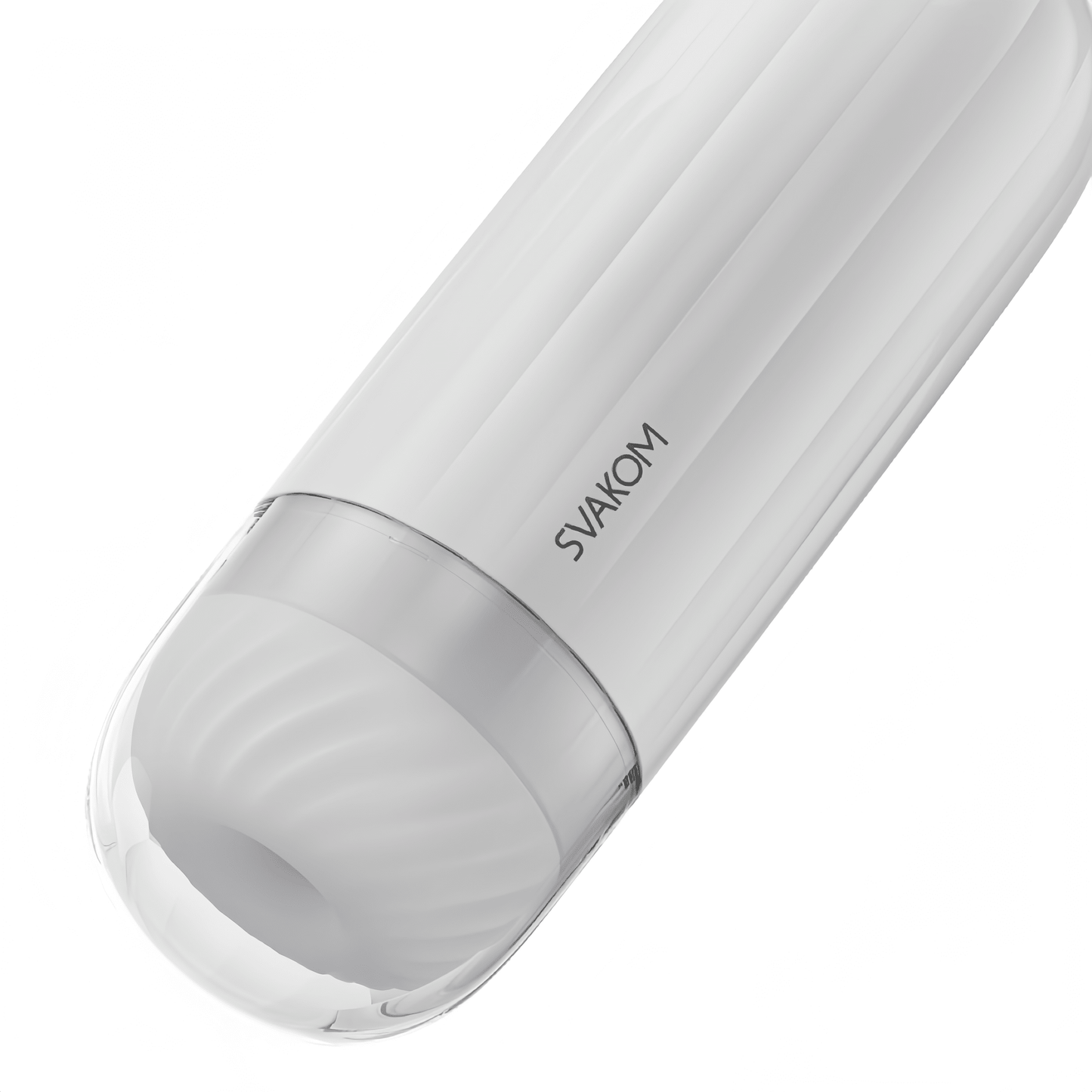 The main product image of the SVAKOM vacuum vibrating masturbator shows its ergonomically streamlined design and skin-friendly materials.