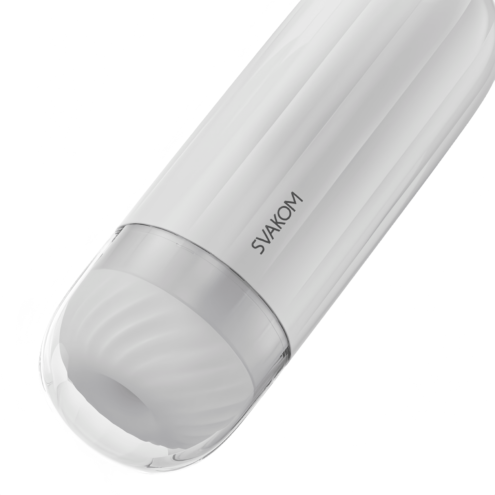 The main product image of the SVAKOM vacuum vibrating masturbator shows its ergonomically streamlined design and skin-friendly materials.