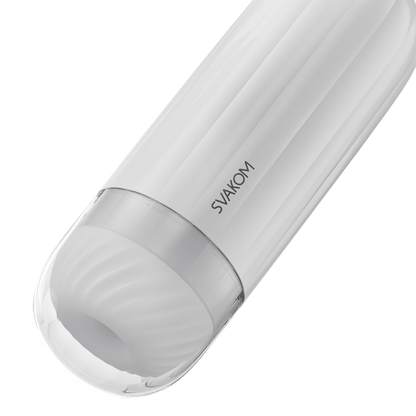 The main product image of the SVAKOM vacuum vibrating masturbator shows its ergonomically streamlined design and skin-friendly materials.