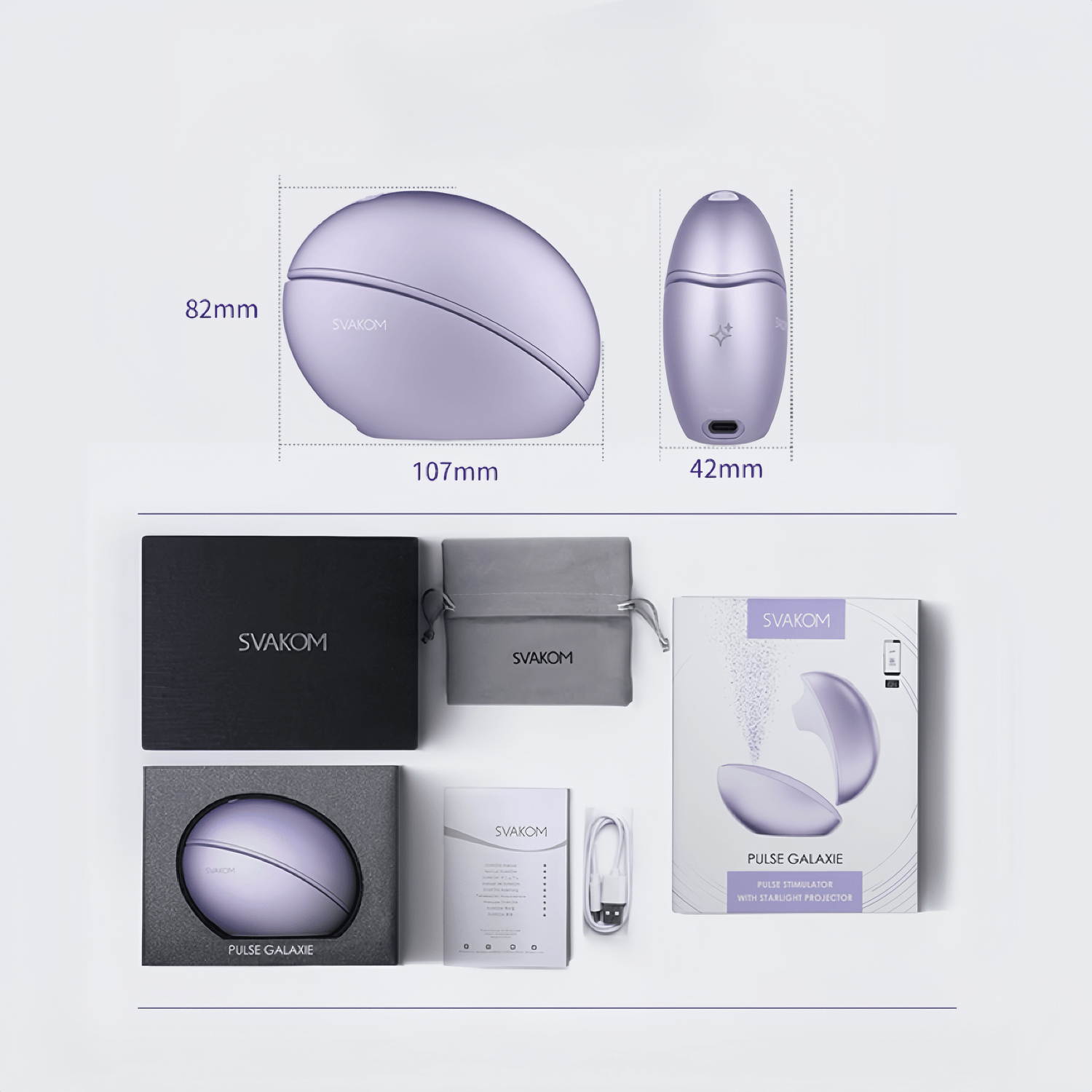 Full kit display, including the vibrator, charging dock, USB-C cable, and instruction manual.