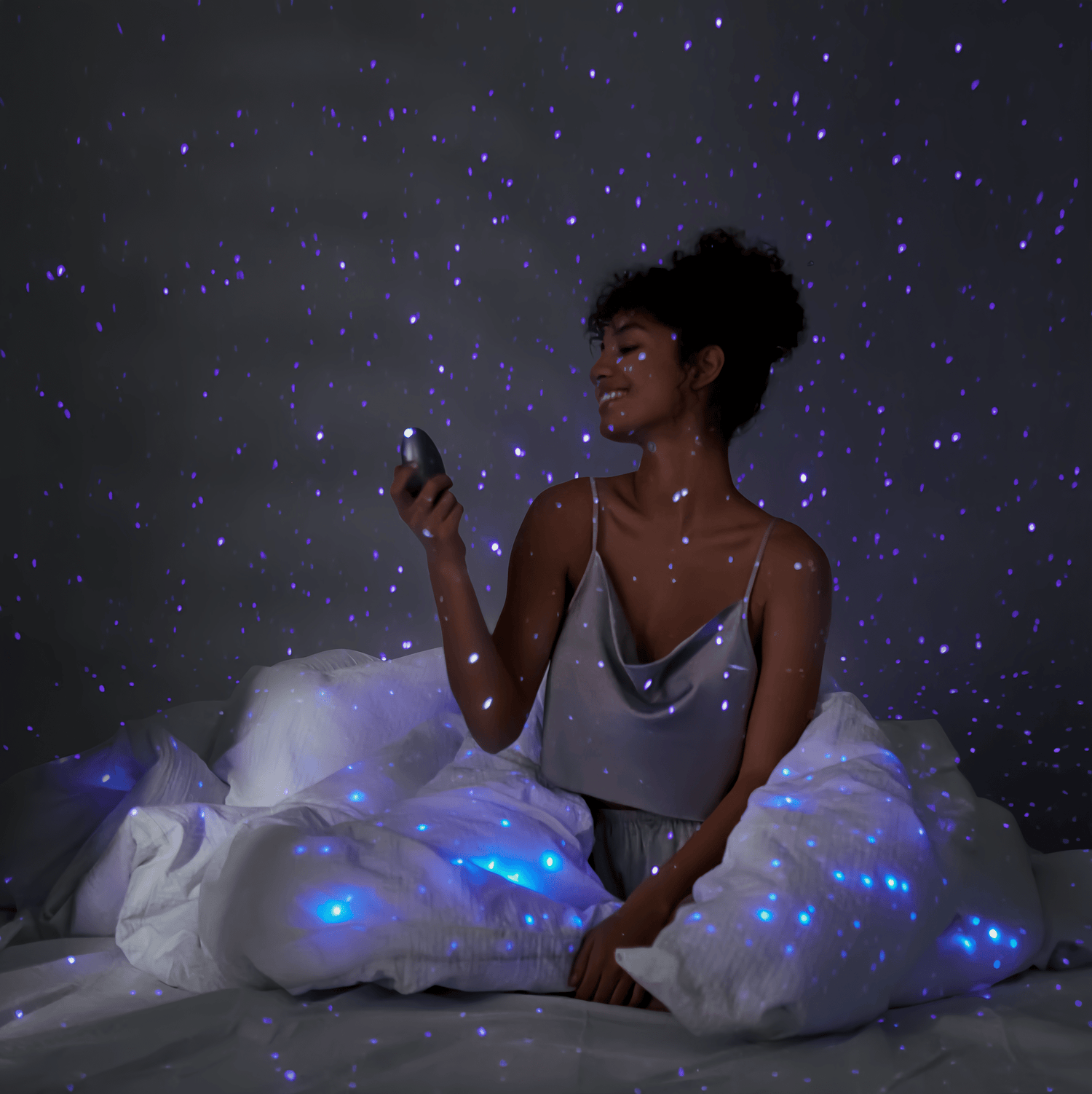 Diagram of a romantic scenario: starry sky projection combined with suction function creates a visual and sensory experience