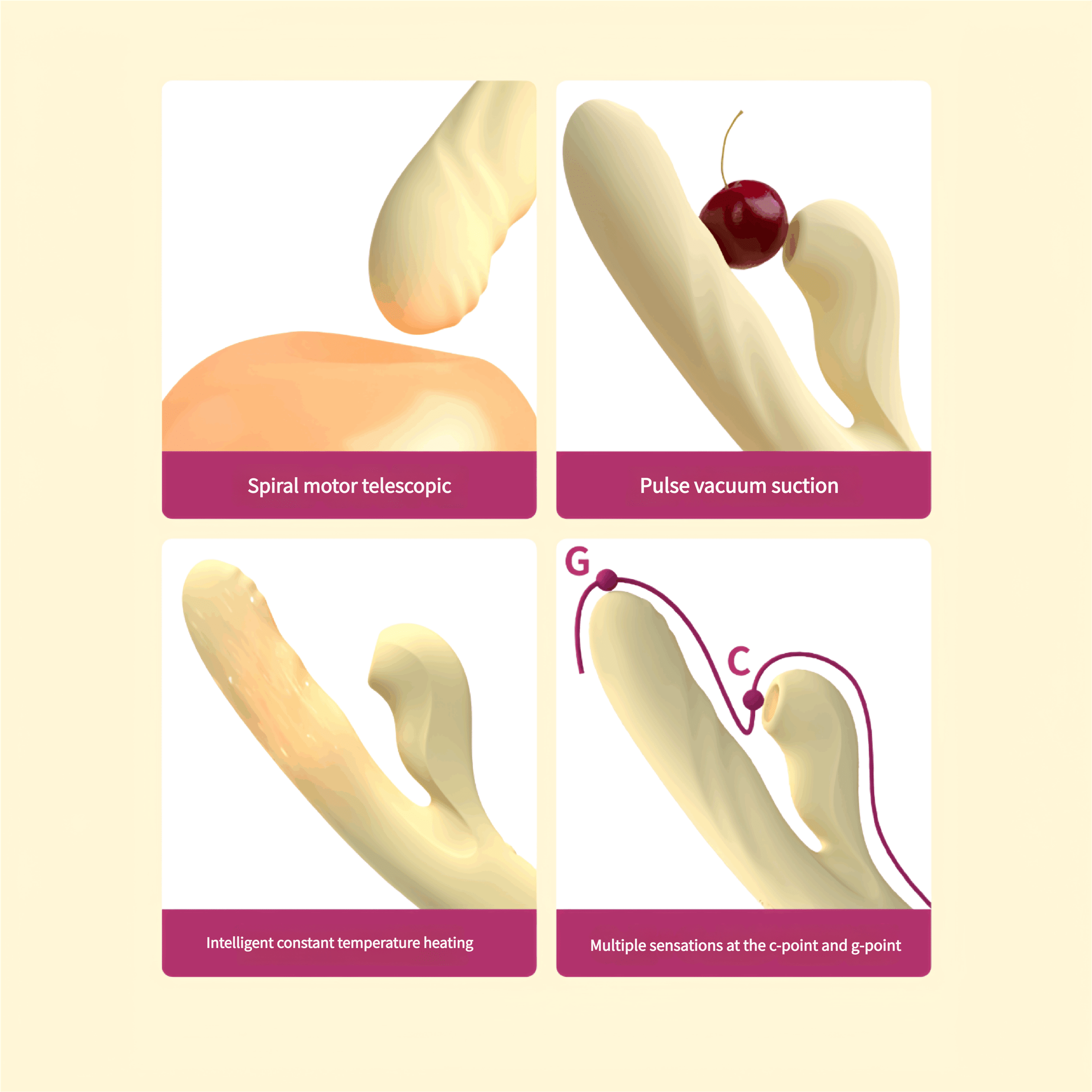 Dual stimulation point diagram, demonstrating how suction at the head and vibration at the base simultaneously stimulate sensitive areas for a combined experience.