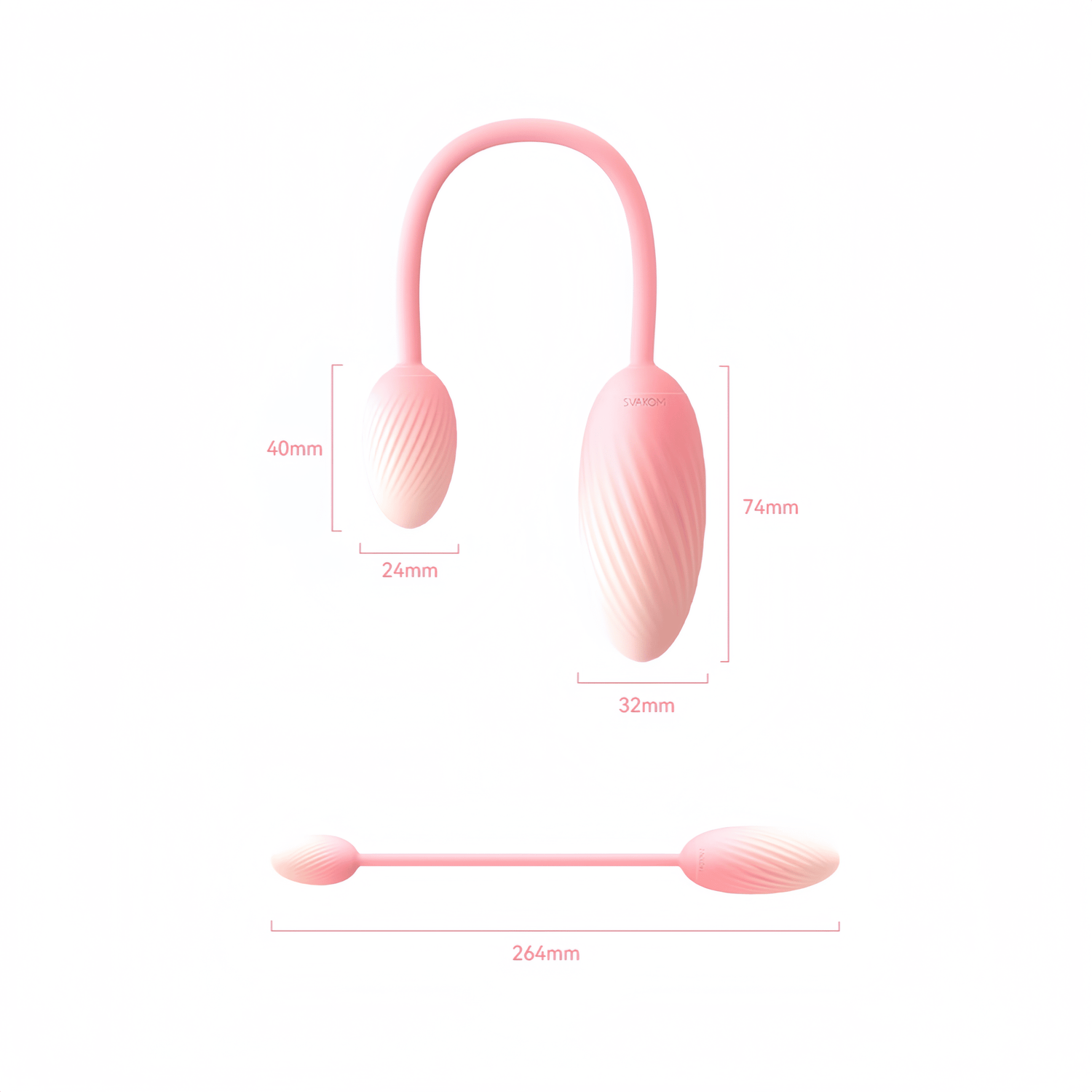 SVAKOM Zoe Dual Vibrator Egg showcases its design. Available in two sizes, the small 24mm and large 32mm. Made of liquid skin-feel silicone, it comes in a spring white and cherry blossom pink gradient color scheme.