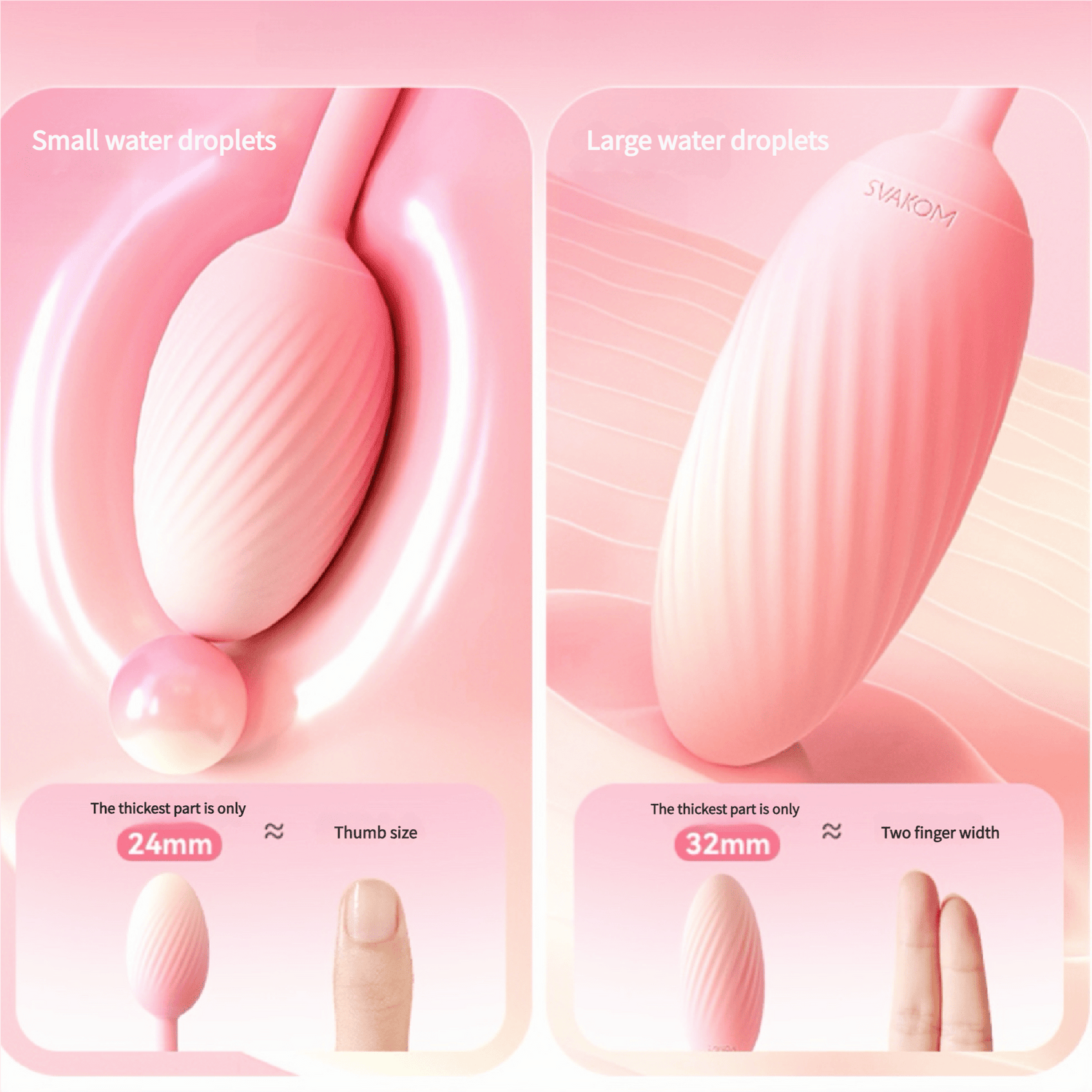 Size comparison of the small and large sizes. The 24mm's streamlined design is beginner-friendly, while the 32mm's spiral pattern enhances friction and stimulation.