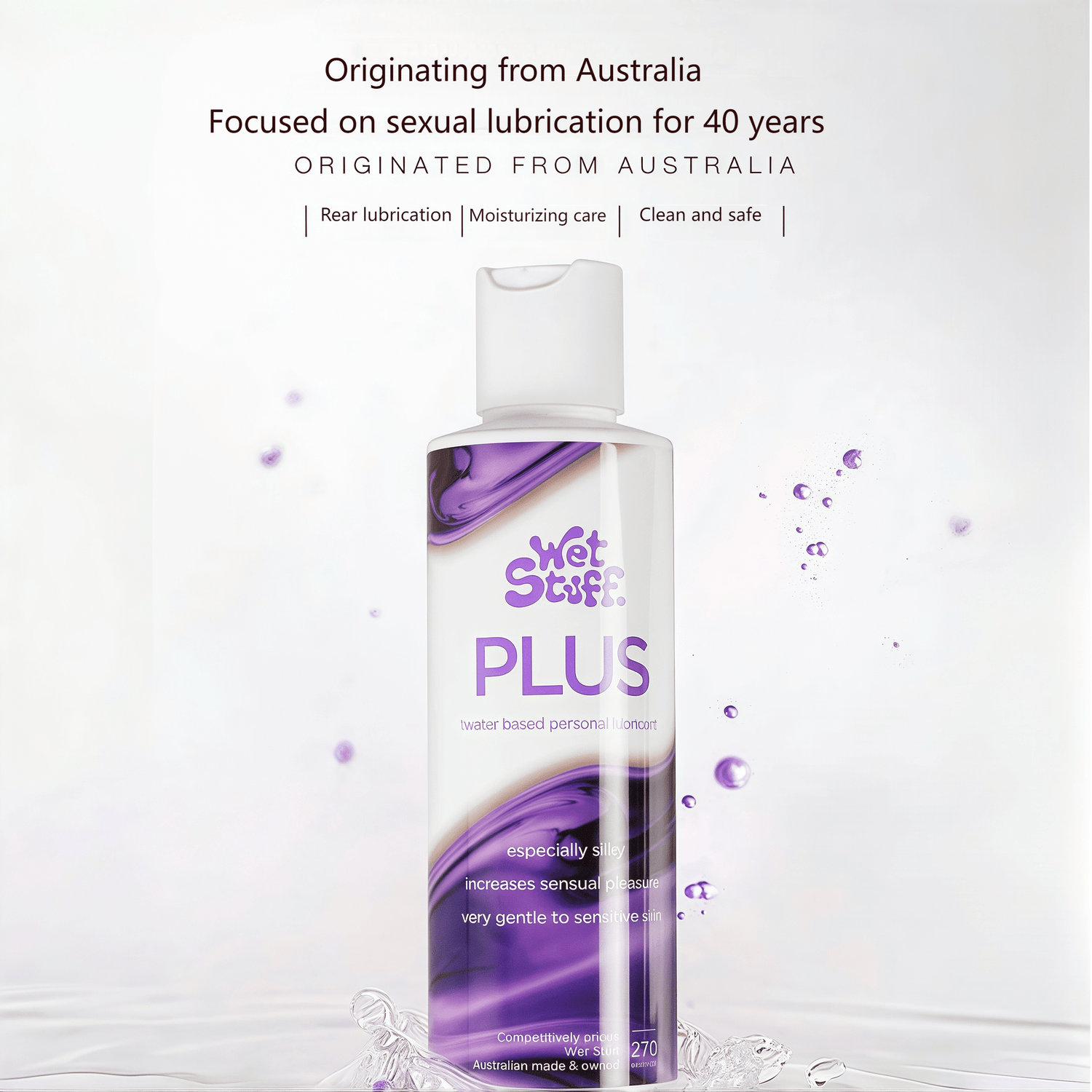 Wetstuff Plus water-based lubricant, large 270ml capacity, imported from Australia, guaranteed to last 30 minutes without drying out.
